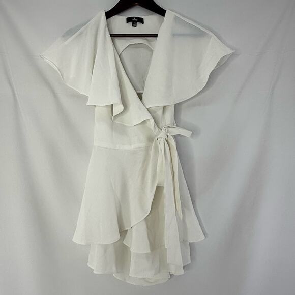Lulus Pants - Lulus White Ruffle Romper XS Flutter Sleeve Wrap Front Open Back Dressy Jumpsuit